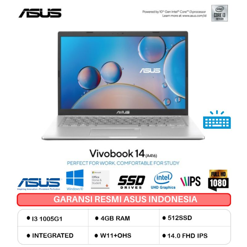Asus VivoBook 14 A416JAO-VIPS351 (Core i3-1005G1/4GB/512GB SSD/Intel UHD/14″Backlit /Win 11+OHS)- Tr
