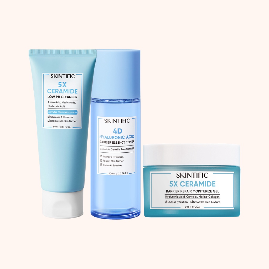 SKINTIFIC - 5X Ceramide Repair Skin barrier Kit with Barrier Repair Moisturizer Pelembab Wajah + Hyaluronic Acid Toner Toner Pelembab + Low pH Cleanser Pembersih Facial Wash【BPOM】