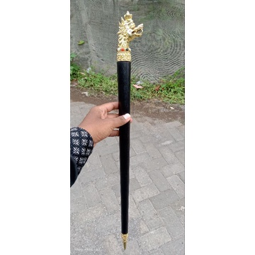 Tongkat komando galih kelor hitam hias ornamen wesi kuning kepala naga