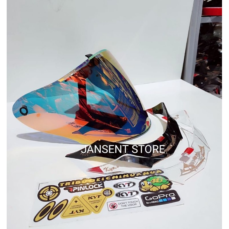 Paket Flat Visor Helm KYT Kyoto iridium silver / iridium blue + spoiler  + sticker visor
