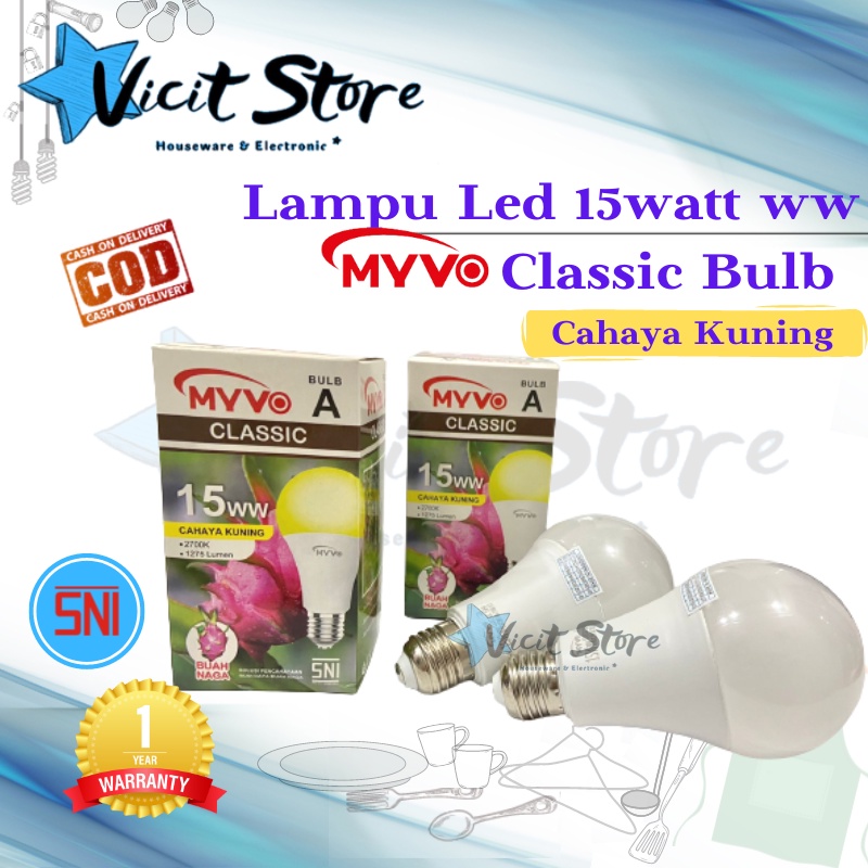 Lampu Led 15watt Warm White Myvo Classic Bulb Cahaya Kuning Bergaransi