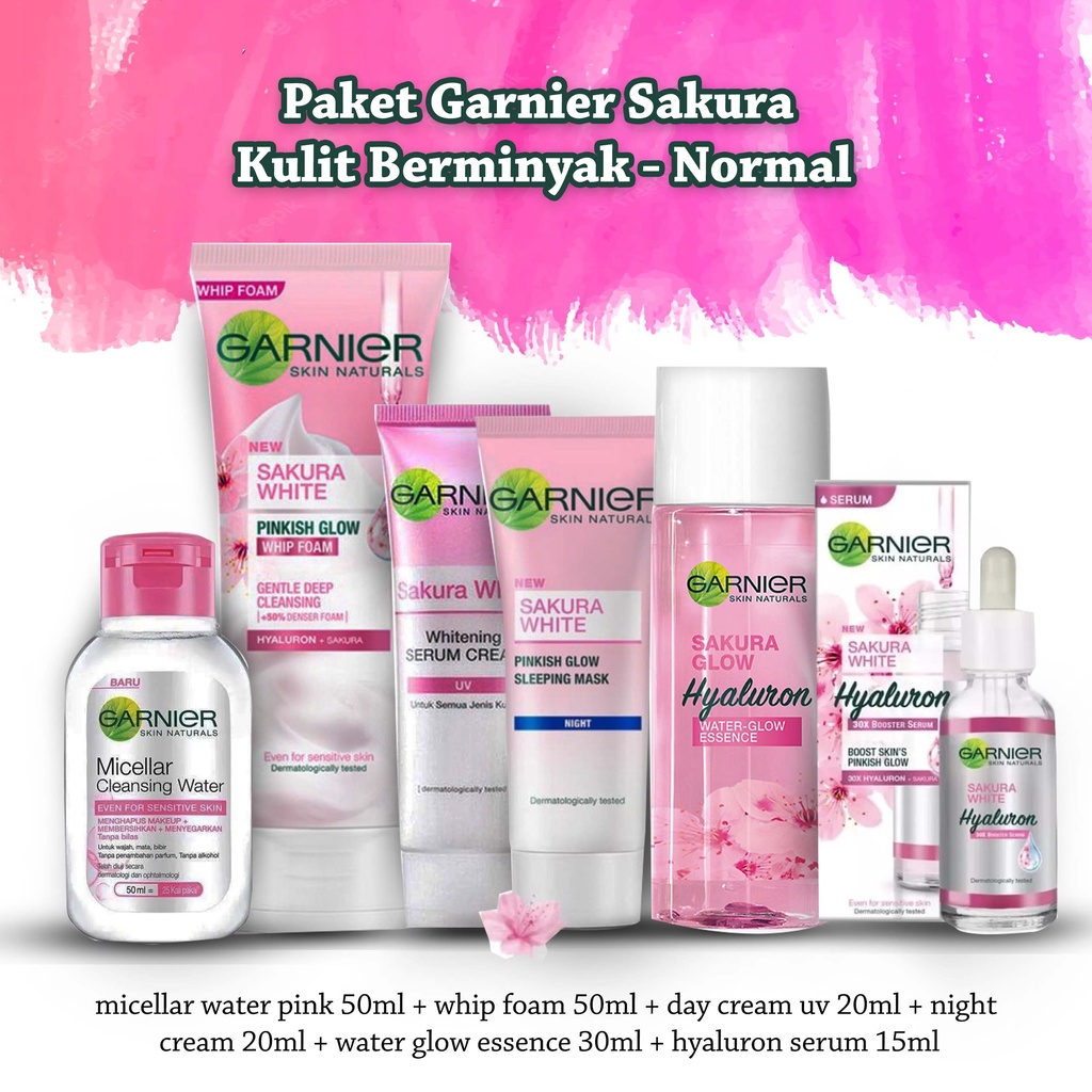 Paket Garnier Sakura White Kullit Berminyak 6pcs - ( Micellar Water Pink 50ml + Whip Foam 50ml + Day