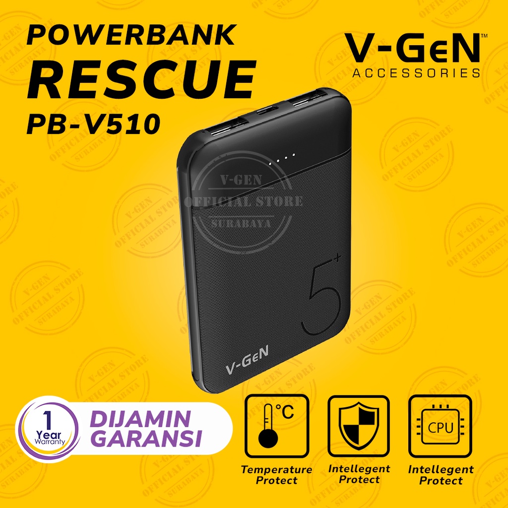 Powerbank V-GeN Rescue V510 5000 mAh 2 Port USB Output Slim Design