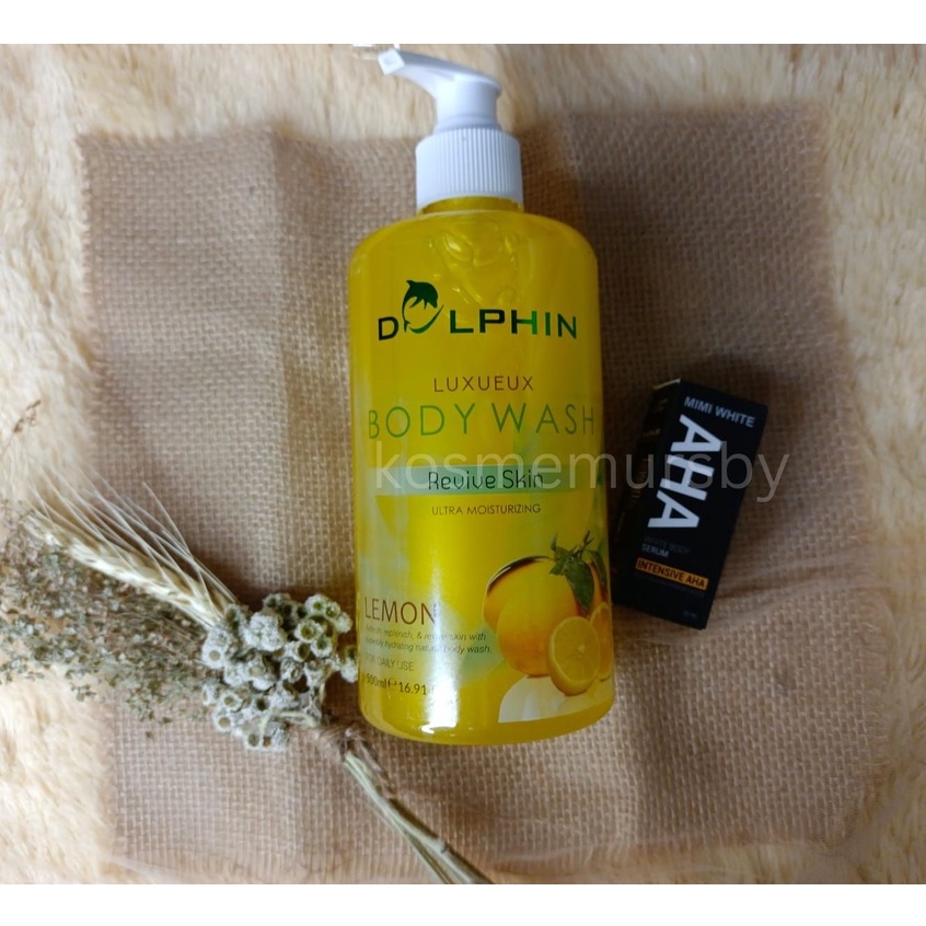 (Paket)  Sabun Dolphin 500ml + MIMI AHA Body Whitening Serum Original