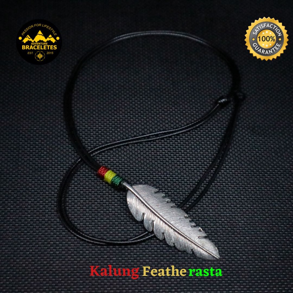 Kalung Pria Wanita Tali Hitam Bandul Liontin Bulu Feather Logam Alloy Rasta Series Adjustable Premium