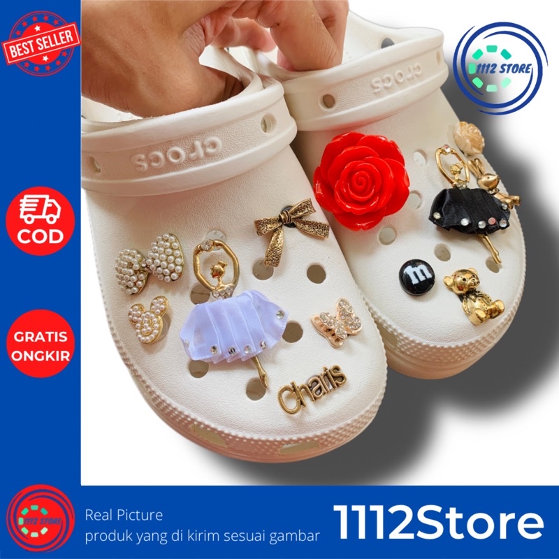 1112store crocs jibbitz balet -  Emas dan Berlian Imitasi - charms karakter - Liontin sepatu sendal,