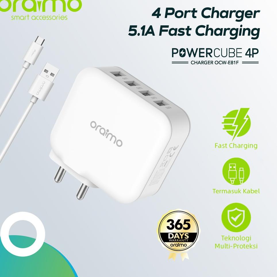 Belanja Mantap--Oraimo Charger Handphone Original 4 USB Port Smart Safe Fast Charging Android OCW-E8