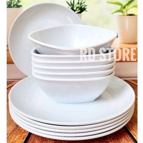 PROMO 12.PCS ISI 6.PIRING 6.MANGKOK MELAMINE POLOS. DIAMETER PIRING 23.CM 9.INC DIAMETER MANGKOK 15.CM 6.INC