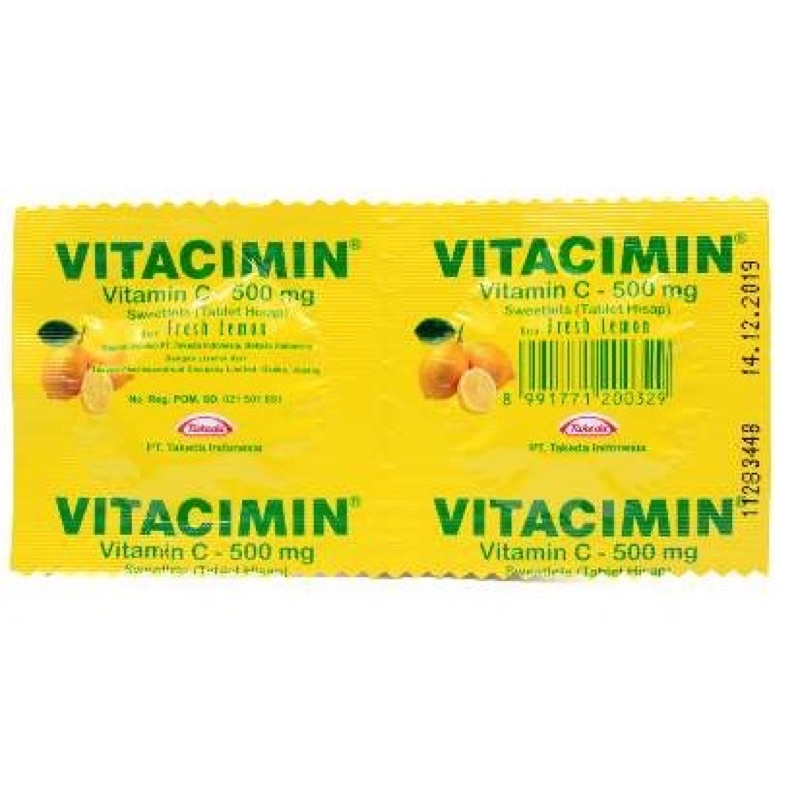 VITACIMIN Strip 500 MG Rasa Lemon Tablet Hisap Favorit Vitamin C Tab/Vitacimin 500 mg Tablet Hisap Lemon 1 Strip - 2 Tablet Vitamin C