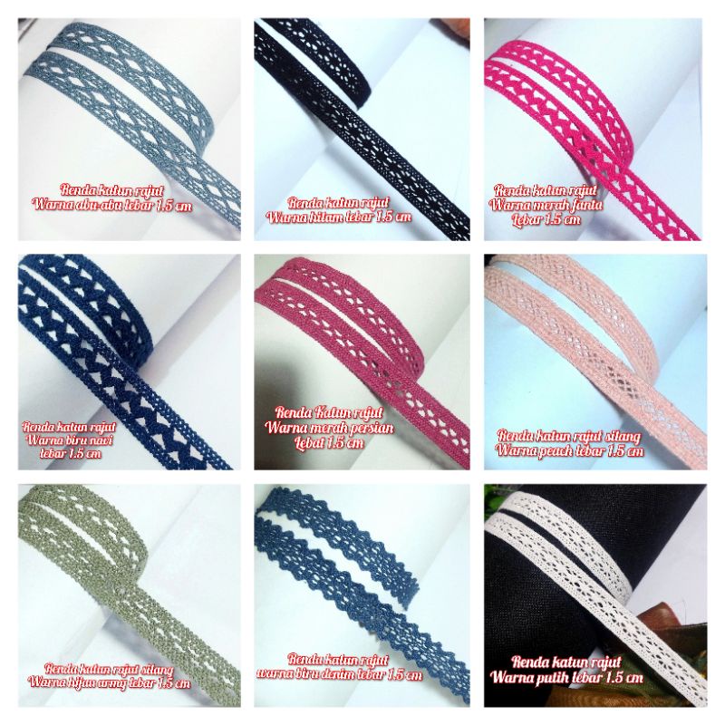 per rol 15 yard,renda katun rajut lebar 1.5 cm warna variasi