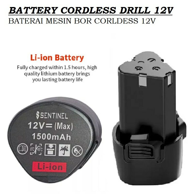 Baterai Mesin Bor Cas 12v 1500mAh Li-on Battery Batre Baterai Bor Electric Cordless Rechargeable Cocok Untuk Semua Merk