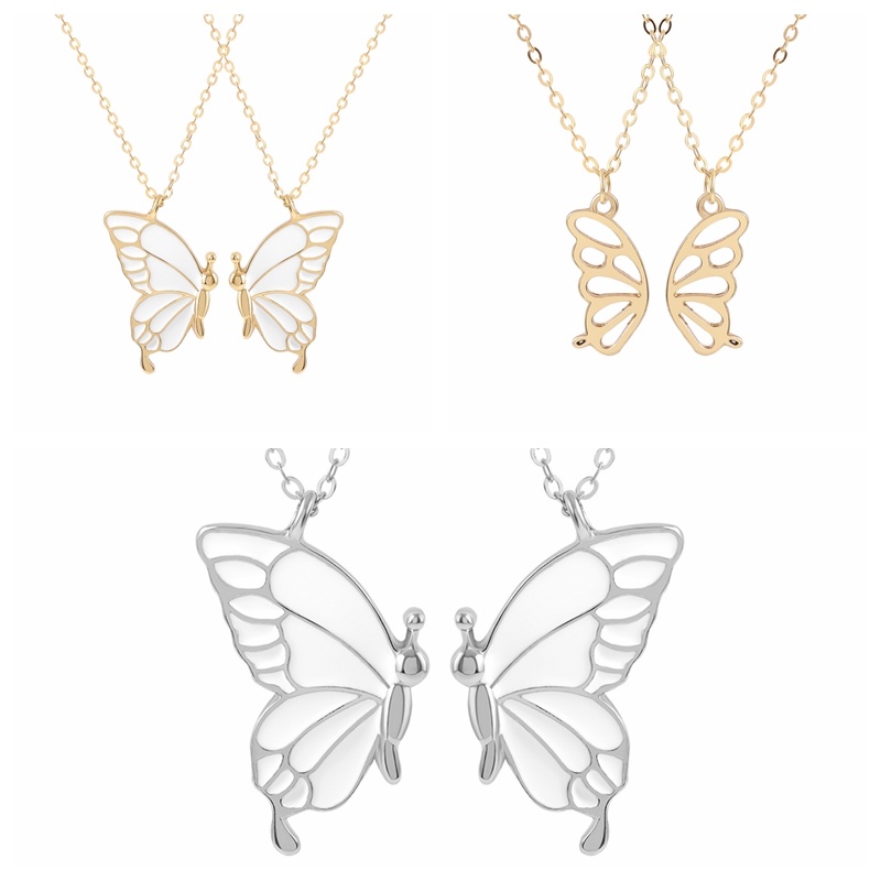 2pcs / set Kalung Rantai Liontin Butterfly Bahan Metal Warna Gold Silver Untuk Pria Dan Wanita