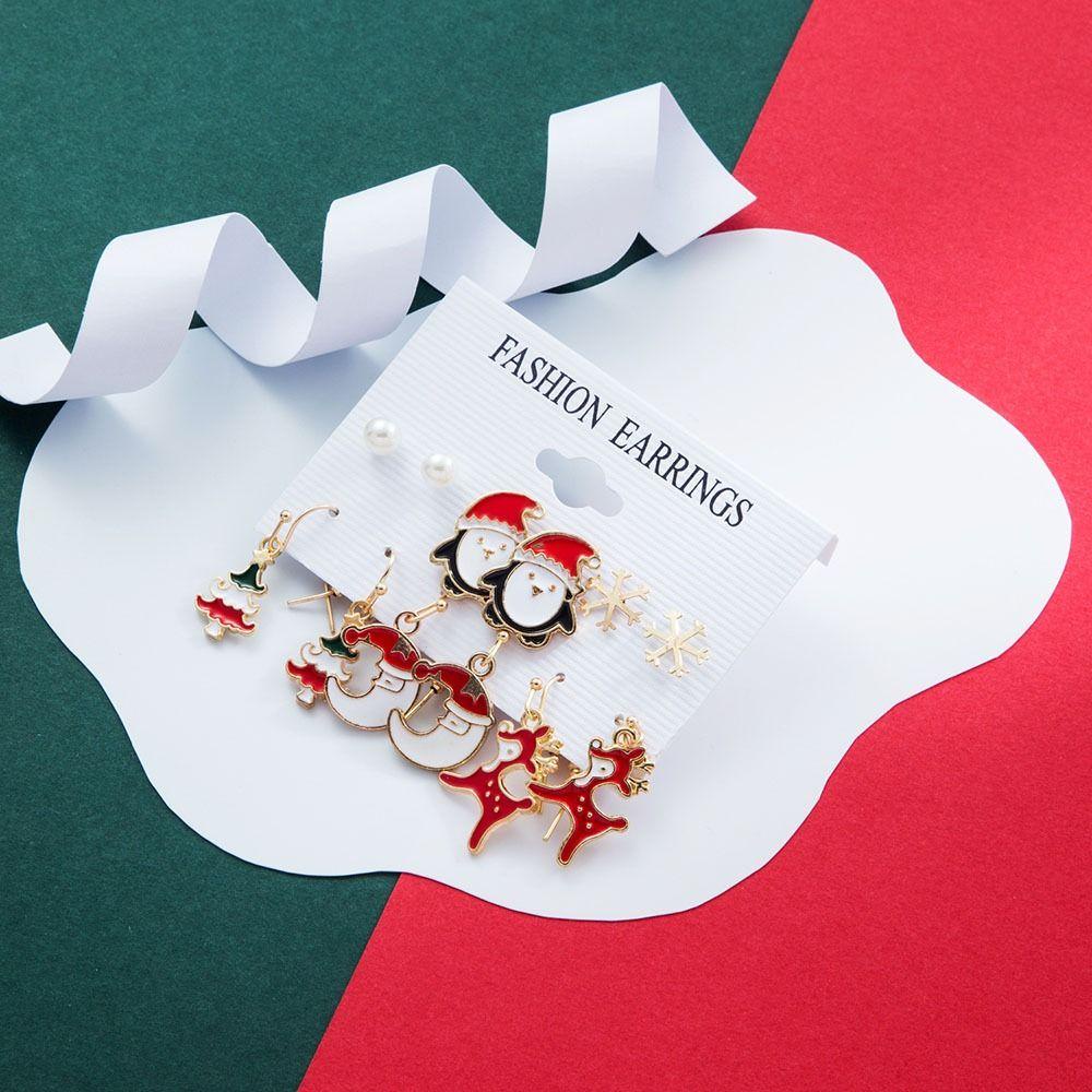 Mxbeauty Anting Tusuk Natal Untuk Anak Perempuan 6pasang/set Sederhana Elk Santa Claus Pohon Natal Snowman Kartun Bell Wanita Drop Earrings