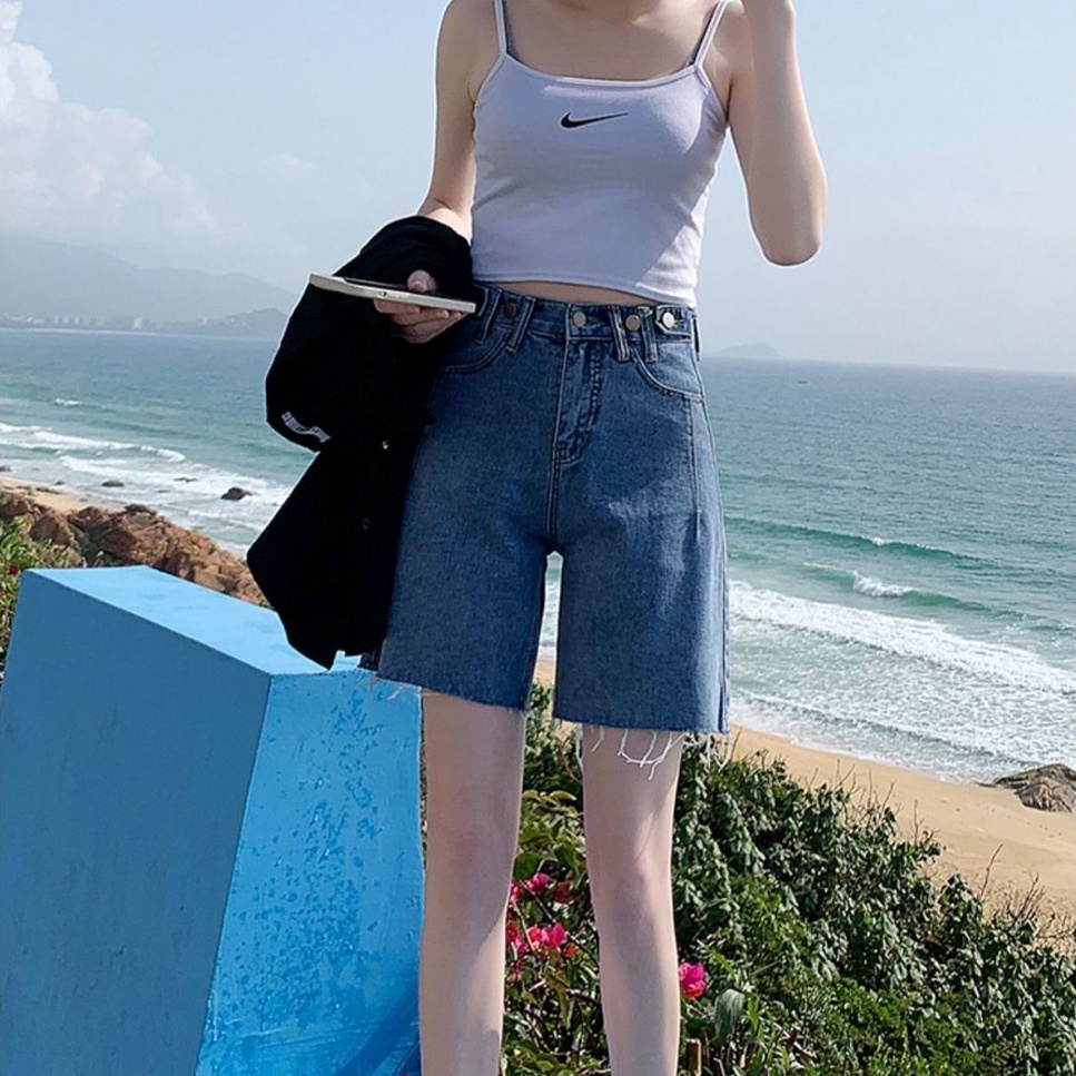 New Biru Highwaist kasual Korean Fashion Rawis Celana Jeans Pendek Wanita