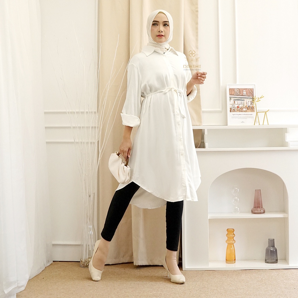 Baju Kemeja Long Tunik Muslim Putih Polos Lengan Panjang Wanita Bahan Import Rayon Premium