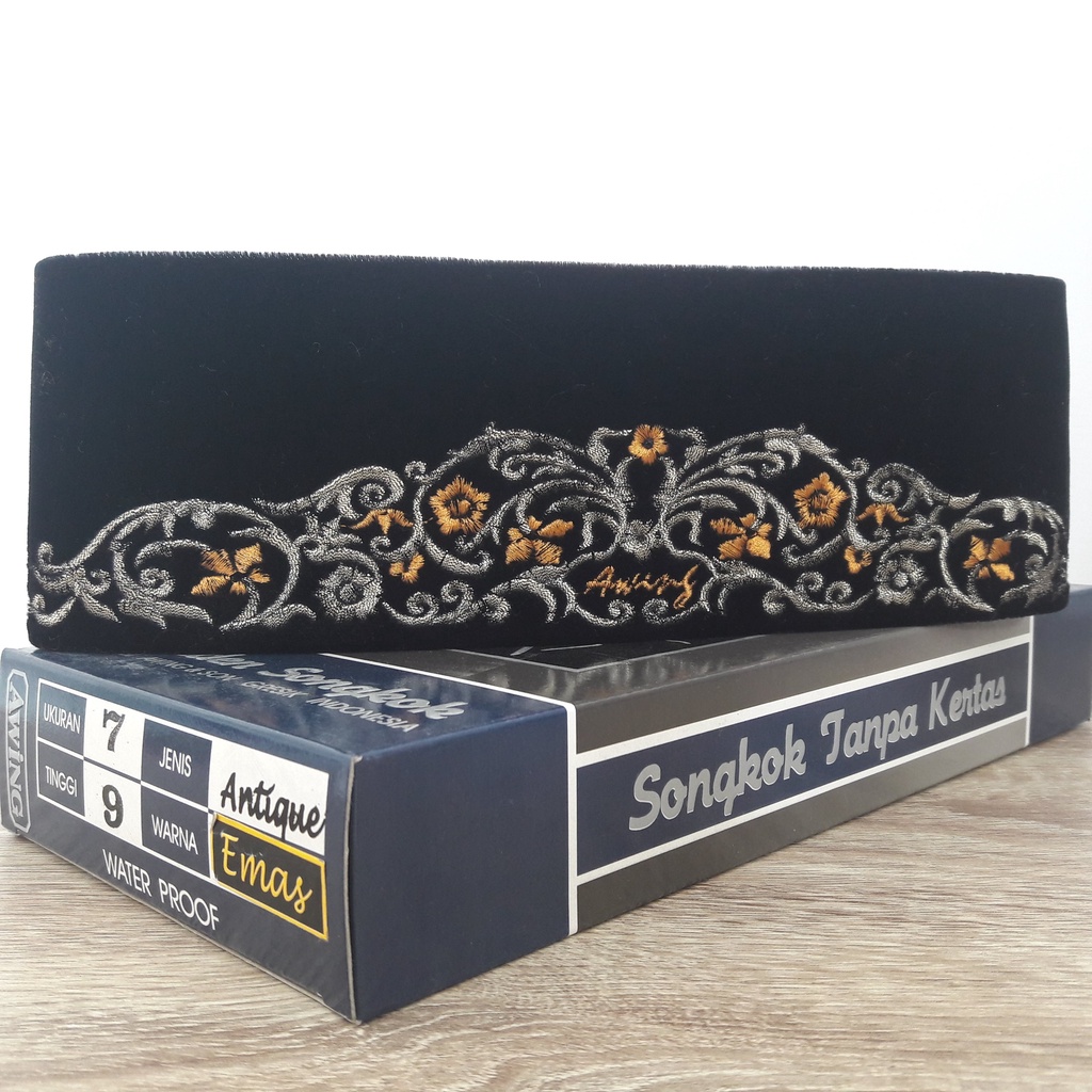 SONGKOK AWING ANTIQUE/ SONGKOK MOTIF BORDIR HITAM/ SONGKOK TAHAN KUSUT