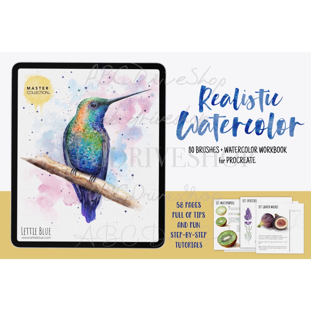 Procreate Brush - 80 Realistic Watercolor Brushes &amp; Workbook for Procreate