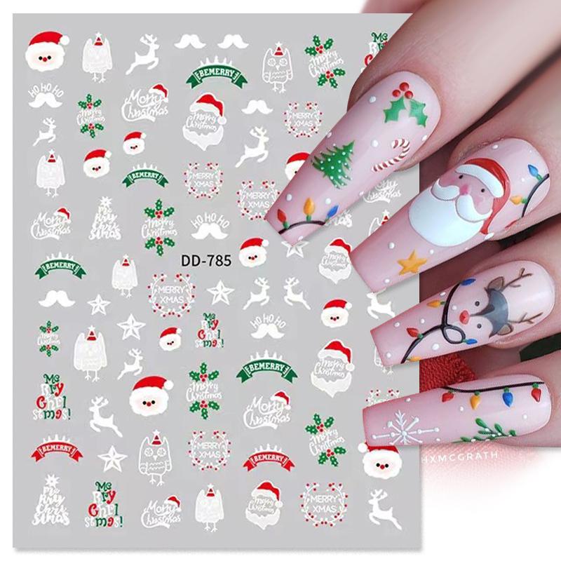 Stiker Kuku 3D Glitter Snowflakes Santa Claus Rusa Pohon Natal Untuk Dekorasi Manicure