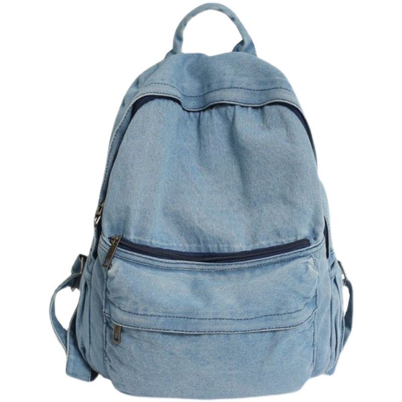 ✟ﺴSera Sera Vintage Schoolbag Wanita Gaya Jepang Sederhana dan Serbaguna Retro Malas Feng Shui Dicuci Denim Unprinted Ransel Wanita