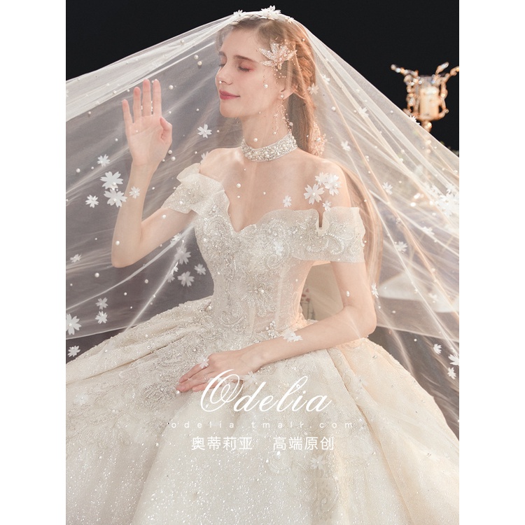 French Court Style 2022 Mewah Putih Gaun Pengantin Utama Bridal Trailing Temperamen Gaun Malam