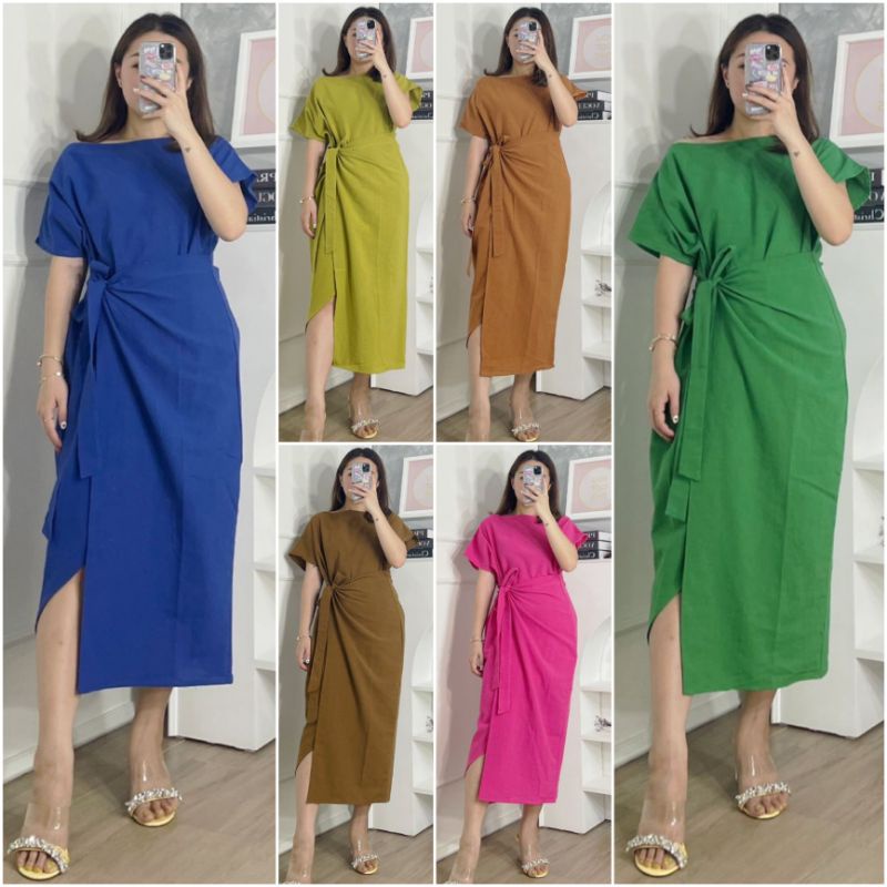 ⚡️ SALE ⚡️ PREMIUM ♡ REAL PIC ! CHLORINNE DOUBLE LAYER WRAP APPRON SIDE TIED MIDI DRESS