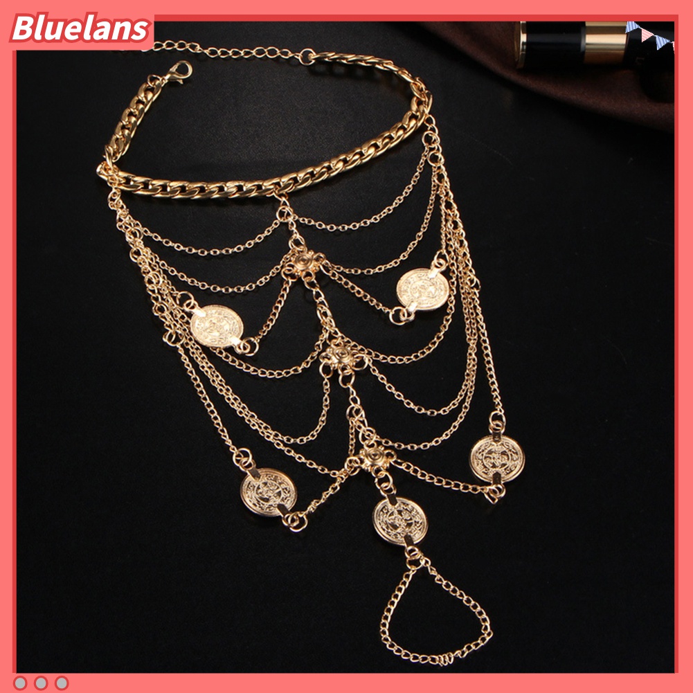 Bluelans Gelang Kaki Rantai Banyak Lapis Aksen Koin Rumbai Bahan Logam Gaya Bohemia Untuk Wanita