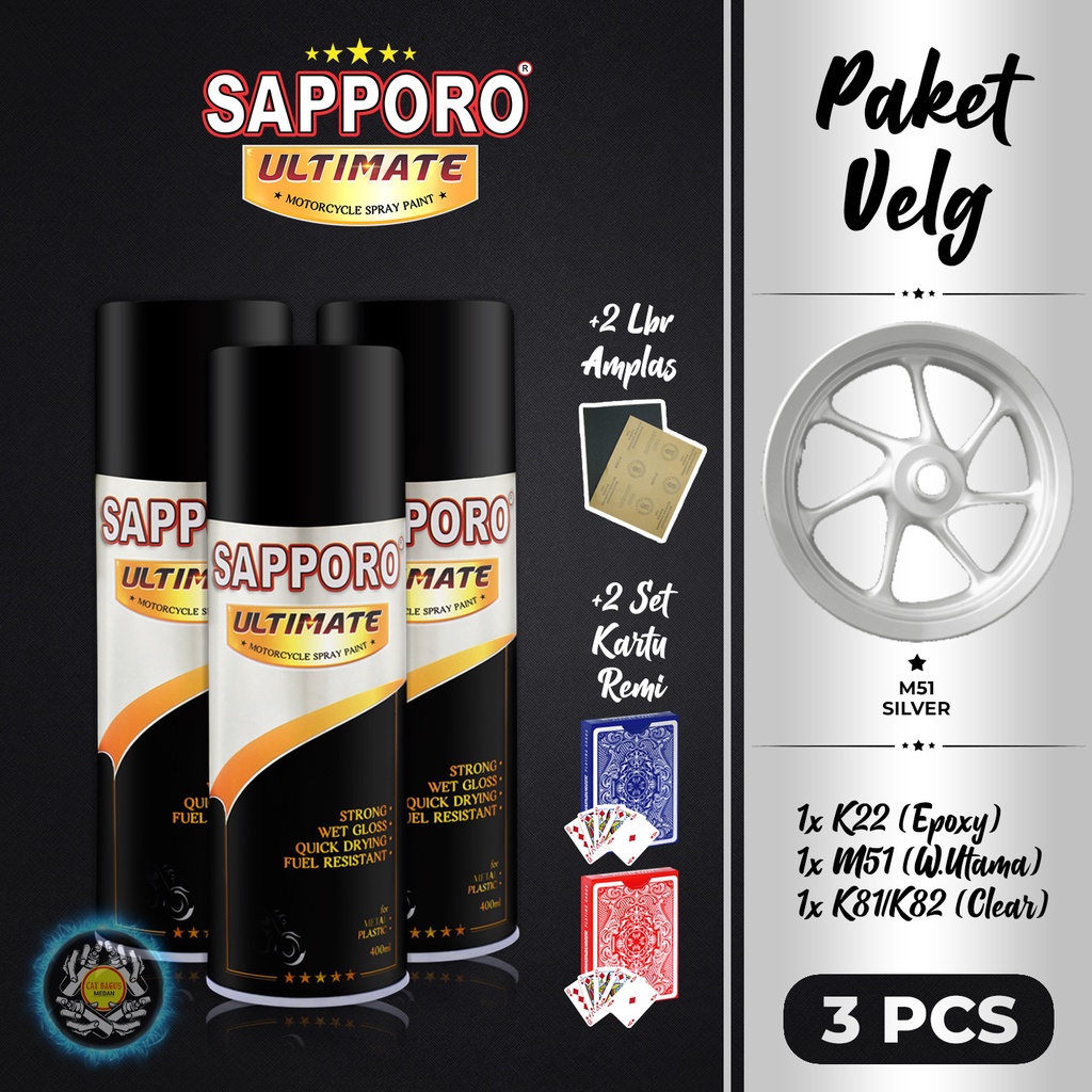 PAKET VELG M51 SILVER CAT SEMPROT SAPPORO ULTIMATE 400 ML CAT MOTOR AEROSOL PYLOX PERAK SILVER DOFF 