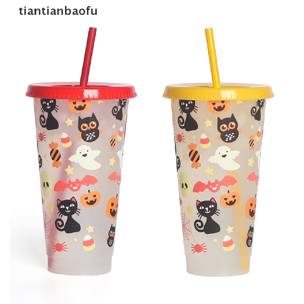 710ml Botol Air Minum / Jus / Kopi Bahan Plastik Ukuran Dengan Tutup + Sedotan Untuk Halloween