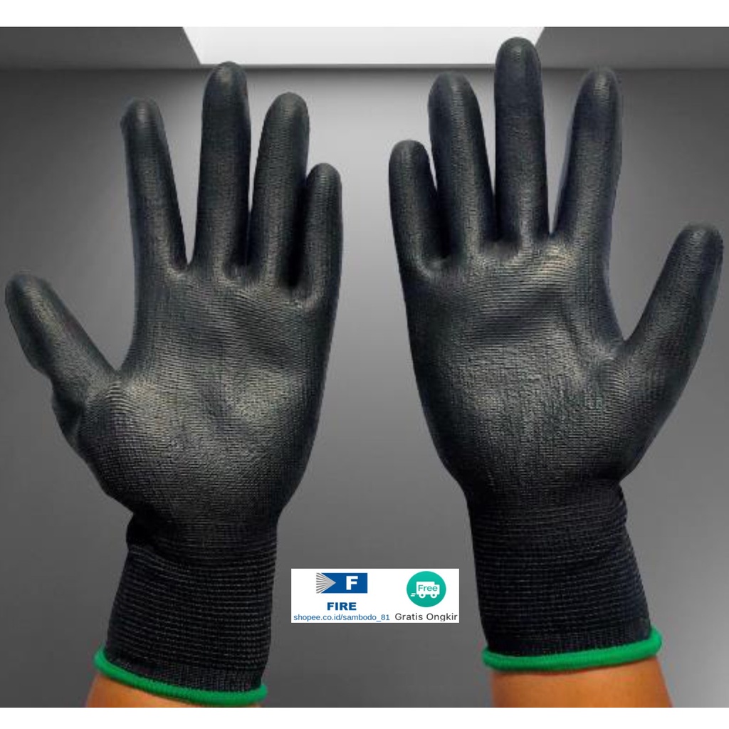 Sarung Tangan Hitam Black Hand Gloves Mekanik Montir Berkebun Tukang Telapak Tangan dilapisi karet Bahan Nylon Polyester Elektronik Assembly Static Multi Purpose Polyurethane Kerja Palmfit Safety Gloves Security Dilapisi Karet