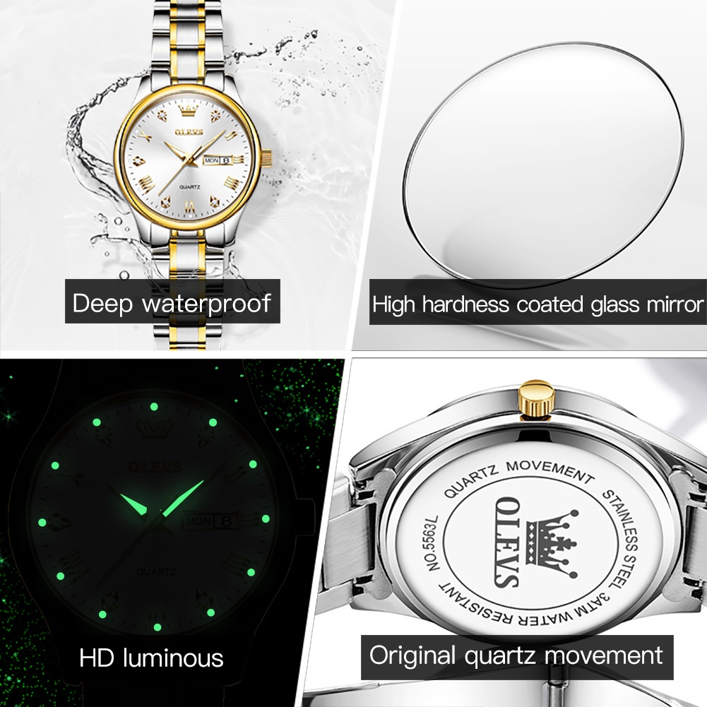 Olevs Jam Tangan Wanita Emas Anti Air Original Stainless Steel Cewek Kalender Bercahaya Luminous Women Watch