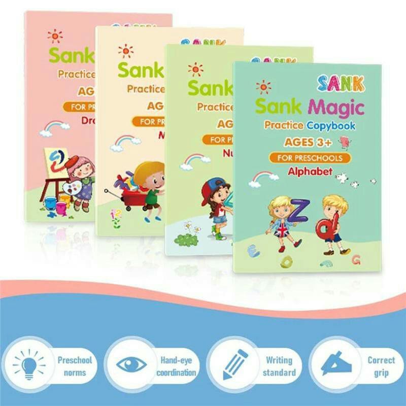 

SANK BOOK MAGIC BOOK 4in 1 gratis refill pen / Sank Magic Copybook for practice / Buku Latihan Menulis