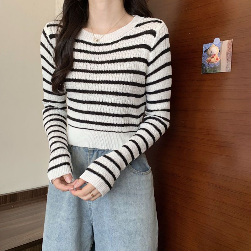 Crewnneck Wanita Knit Stripe Lengan Panjang Sweater Rajut