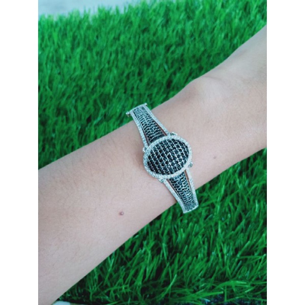 Gelang bangle + oval mt hitam kombi mp /gelang perak asli silver 925 lapis emas/ gelang fashion wanita terbaru