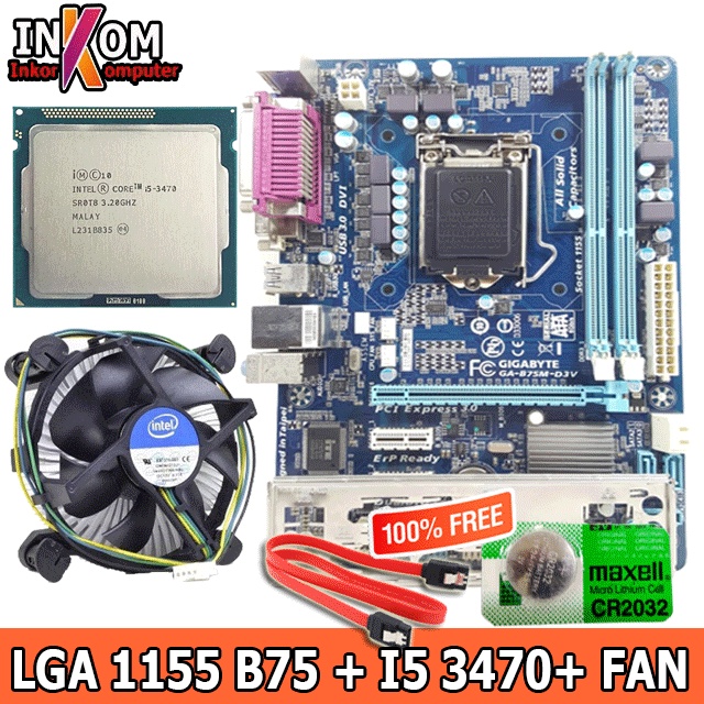 Paket Mainboard Mobo Motherboard B75 Socket 1155 Plus i5 3470