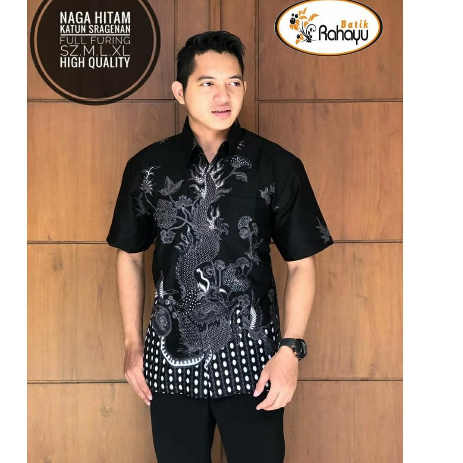 Best Seller Naga Hitam RAHAYU Kemeja batik pria motif naga abu hitam lengan pendek berfuring kemeja 