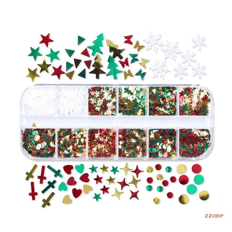 Zzz 12 Sekat / Kotak Payet Glitter Motif Snowflake Natal Untuk Dekorasi Nail Art / Manicure / Salon