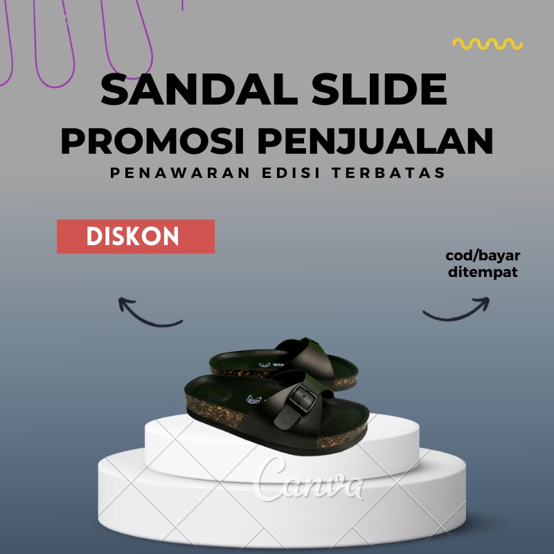 WTR CROW Sandal Slide Cewek Hitam, EVILLA FULL BLACK