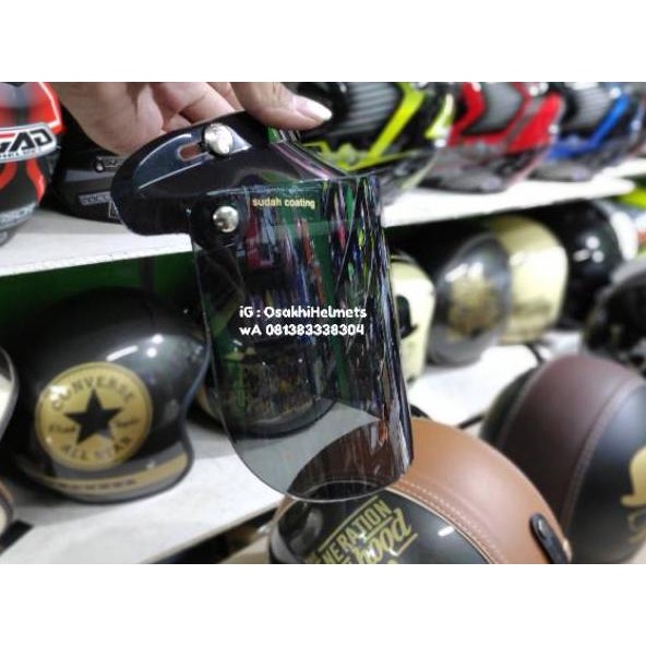 Paket Visor Flat Helm Honda Scoopy / Helm apa saja, Kaca Datar Silver Pelangi Hitam Bening & Kancing