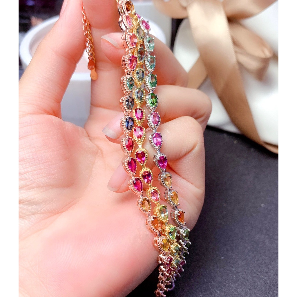 Goldkingdom Fashion Perhiasan Emas Asli Kadar 375 Bangkok Aksesoris Ready Stock Pelangi Alami Permen Berwarna Turmalin Perempuan Berlapis S925 Perak 18 K Emas Bertatahkan Gelang Harta Berwarna