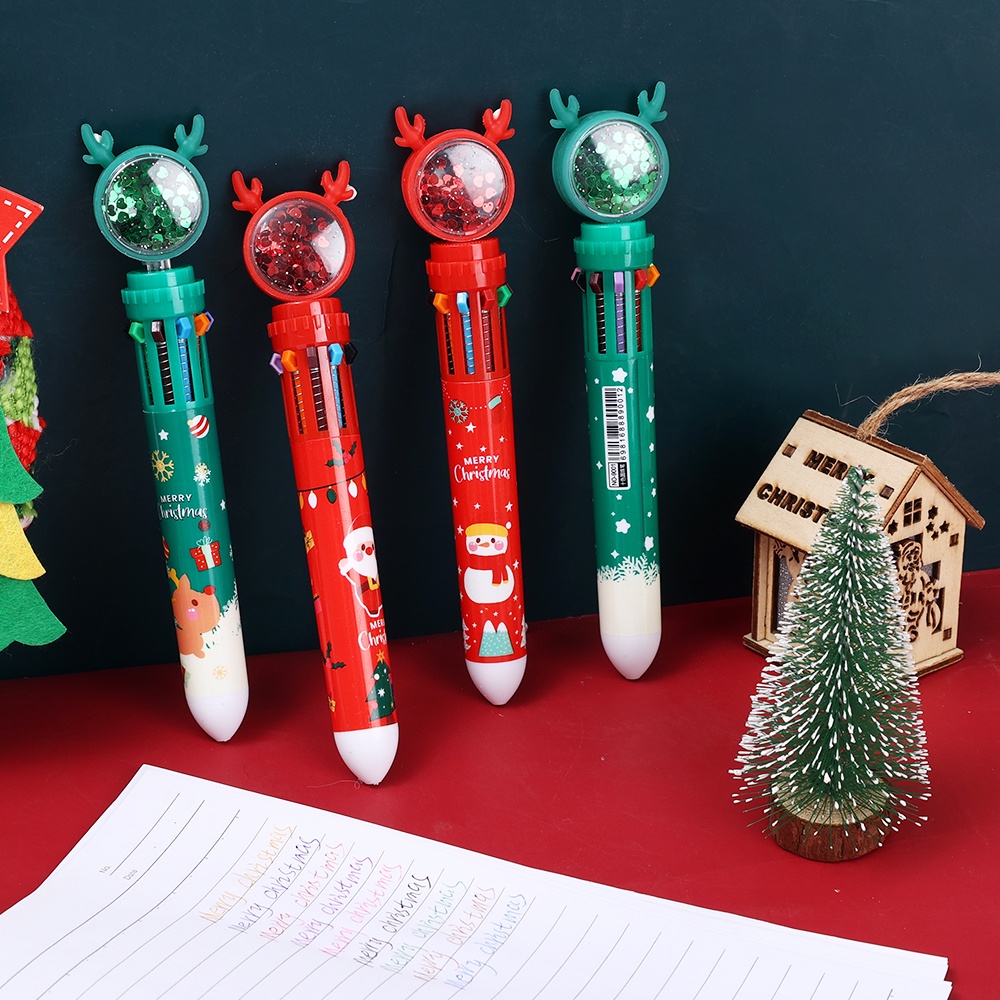 Pulpen 7 Warna Motif Kartun Santa Claus / Rusa / Rusa Aksen Payet Multifungsi Untuk Perlengkapan Kantor
