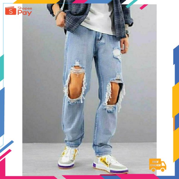 KOREAN STYLE JUMBO SIZE / CELANA SOBEK PRIA STANDAR REGULER BASIC RIPPED JEANS 28-38