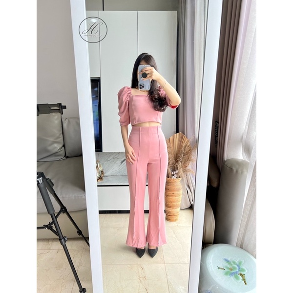 HERBEST 6475 SETELAN LISA BLACKPINK CROPTOP CELANA CUTBRAY SCUBA TEBAL PREMIUM IMPORT