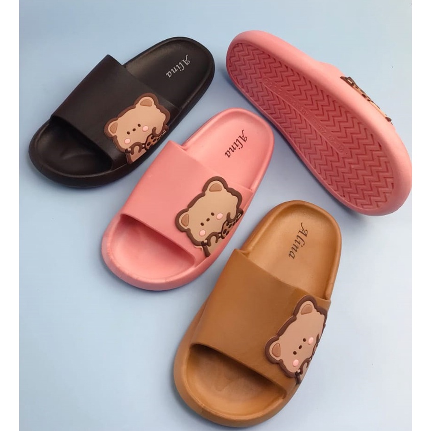 SANDAL SLOP WANITA SENDAL FLAT MOTIF BEAR BERUANG ALINA 2355-2 PCU IMPORT OUTDOOR INDOOR SLIP ON SIZE 36-41 HARGA GROSIR