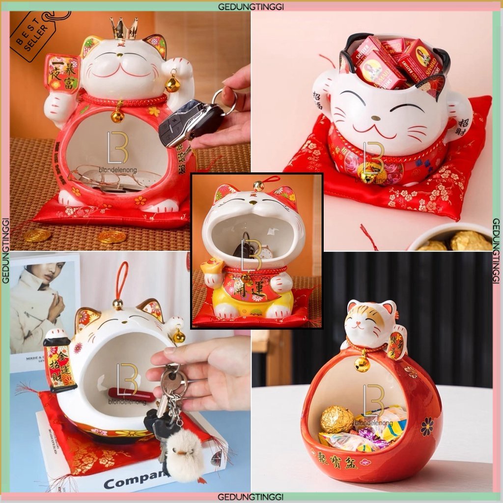 Toples Tempat Permen Kue Chocolate Coklat Coin Manisan Kotak Box Dekorasi Parcel Parsel Hampers Kado Hadiah Imlek Patung Pajangan Boneka Kucing Hoki Maneki Neko Maneko Neki Rejeki Lucky Cat Cina China Jepang Tahun Baru Cina Shio Kelinci 2023 Cny Keramik