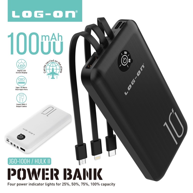 POWER BANK LOG ON 10.000MAH 3KABEL(TYPE C,MICRO&amp;LIGHTNING) HULK II JGO-100H LED DIGITAL