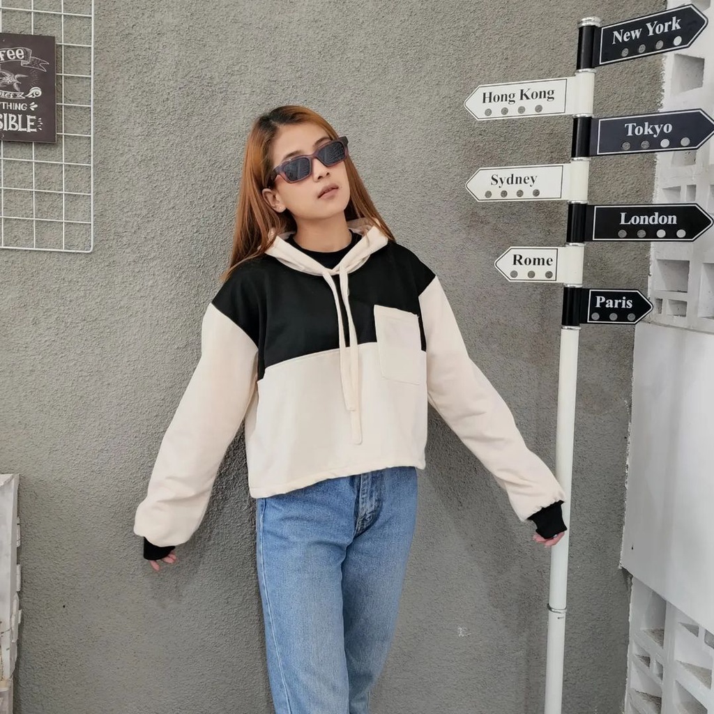 AGNES POCKY Hoodie Croope Sweater Wanita Oversize Sweater Atasan 2 Tone Jacket Terbaru Korean OOTD Kasual Style Fashion Terkini