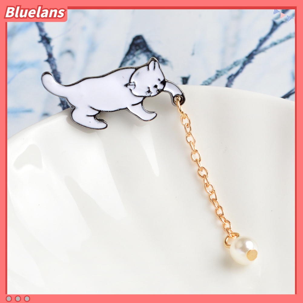 Bluelans Bros / Pin Bentuk Kucing dengan Rantai + Mutiara Imitasi untuk Aksesoris Perhiasan