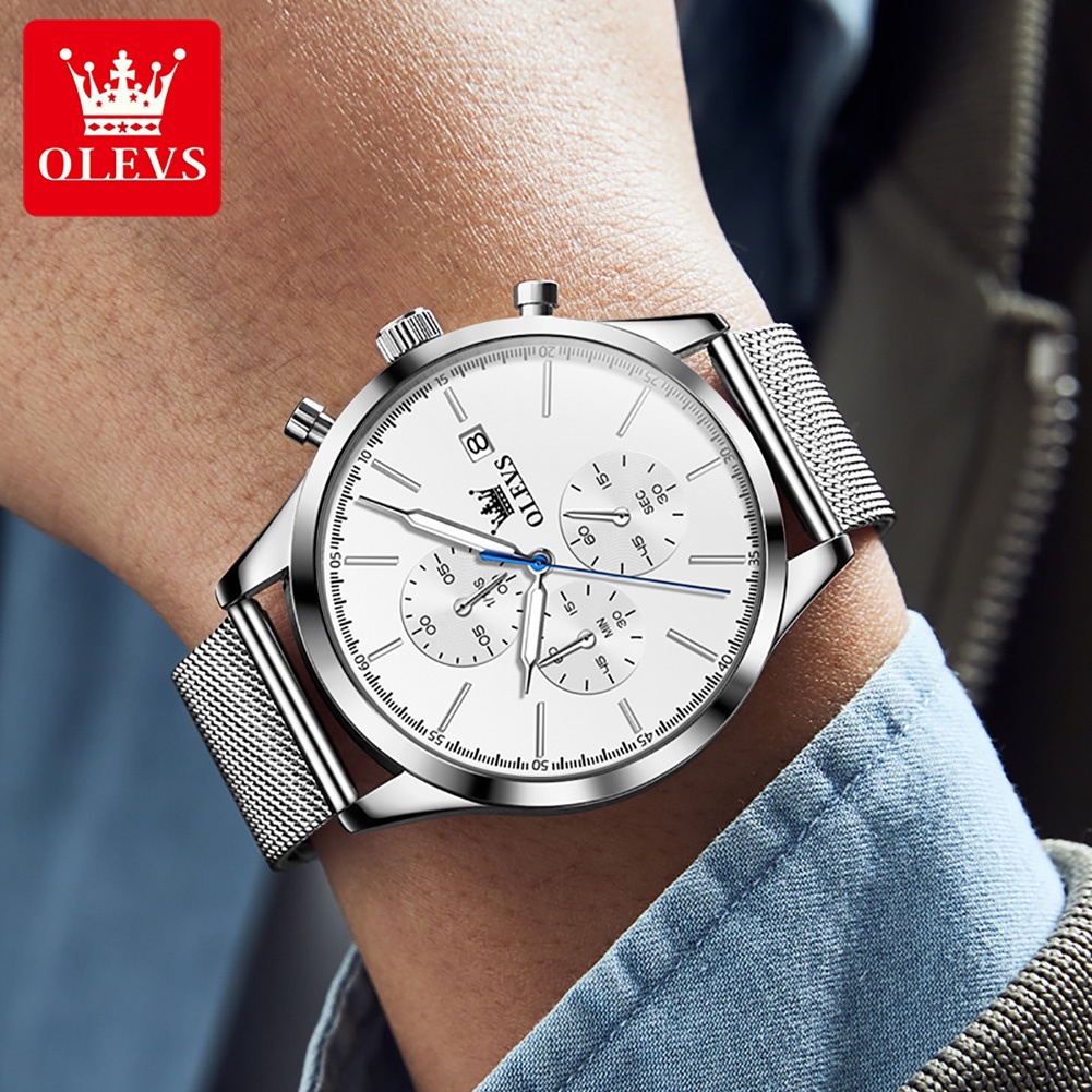 OLEVS Jam Tangan Pria Original Anti Air Tahan Luminous Fashion Analog Chronograph Stainless Steel Watch Men