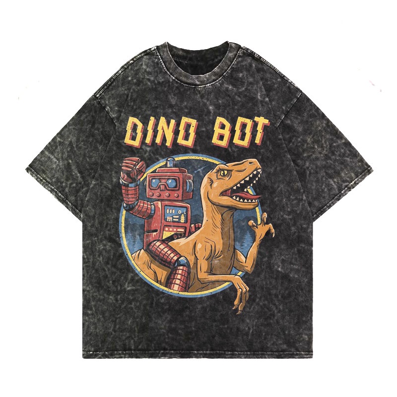 Kaos Washing Oversized Vintage T-shirt "Dino Bot"Washed Tee