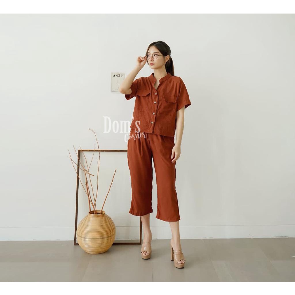 Luna button set - kemeja atasan berkancing - celana pensil - baju kantor office - korean set - baju 